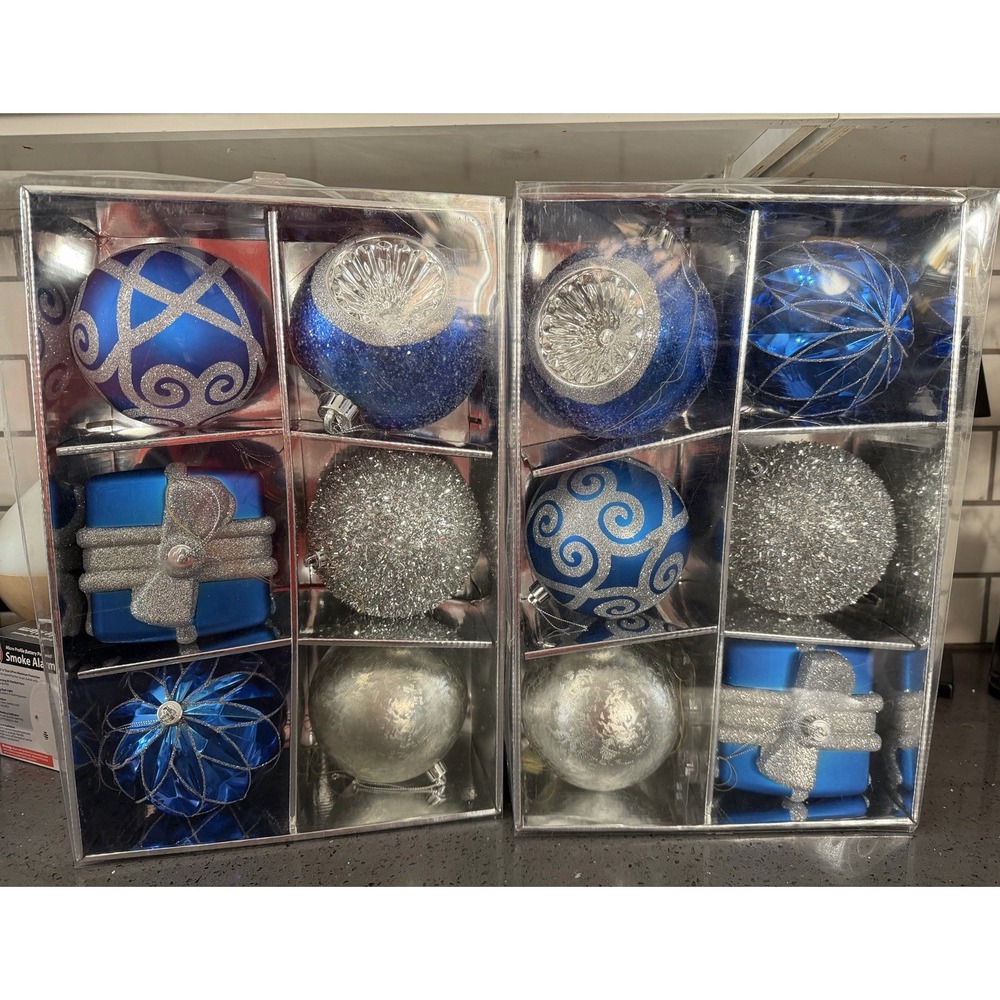 Lot Of 12‎ Large Blue & Silver 4.5" Ornaments Presents Balls Hard Plastic
